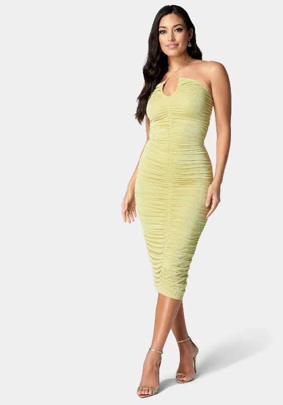 Fashion Style All-Over Shirred Halter Neck Dress