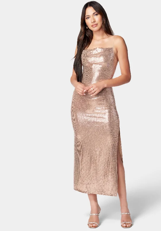 Party Wear Cowl Neck Shimmer Maxi Dress