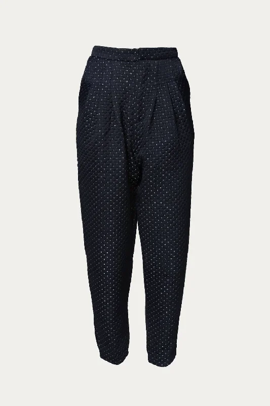 Wandering freely Creme Quilt Peg Trousers In Navy Blue