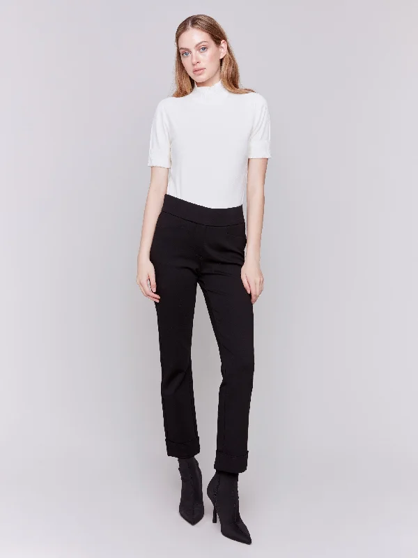 Cool Breeze At Night Slim ankle-length pants Cuffed Ponte Pants - Black