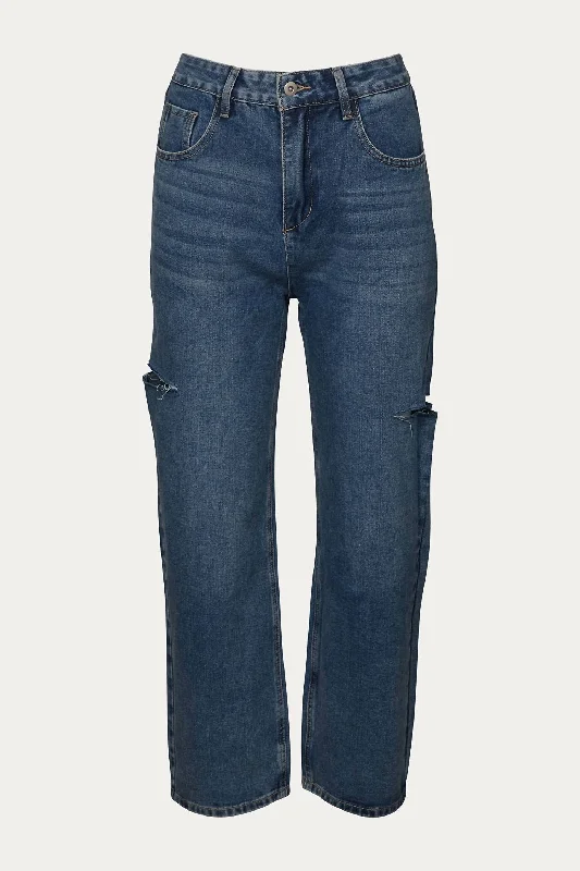 Avant-garde trend Stretchy denim trousers Cutout High-Rise Straight-Leg Jeans In Denim Blue Avant-garde trend Stretchy denim trousers Cutout High-Rise Straight-Leg Jeans In Denim Blue