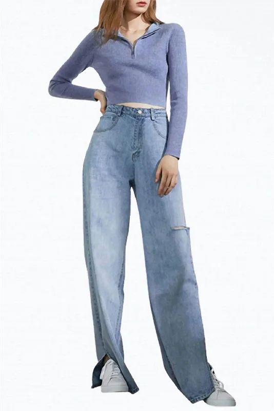 Fun and cute Soft yoga pants Dennis Cutout Slit-Hem Wide-Leg Jeans In Light Blue