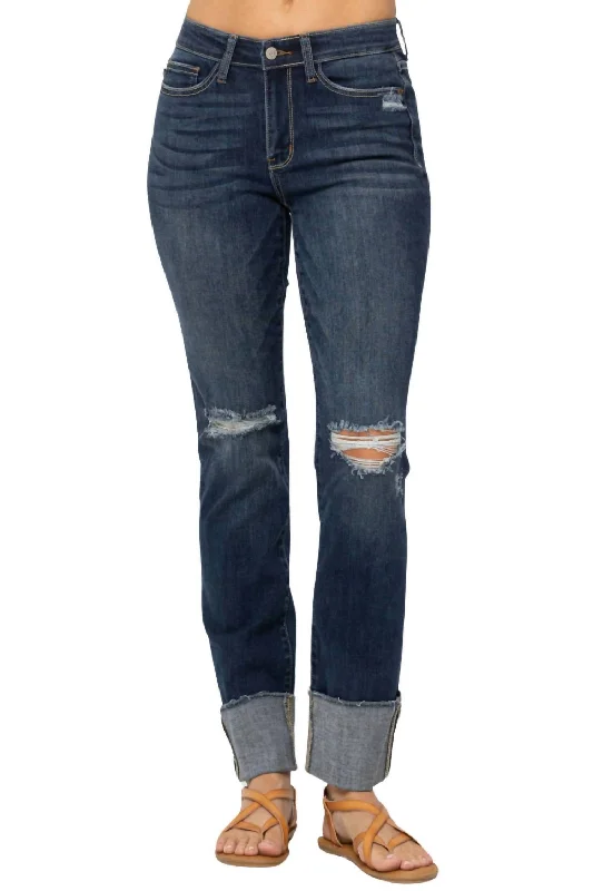 Retro Style Printed work trousers Destroyed Cuffed Straight Leg Jeans In Blue