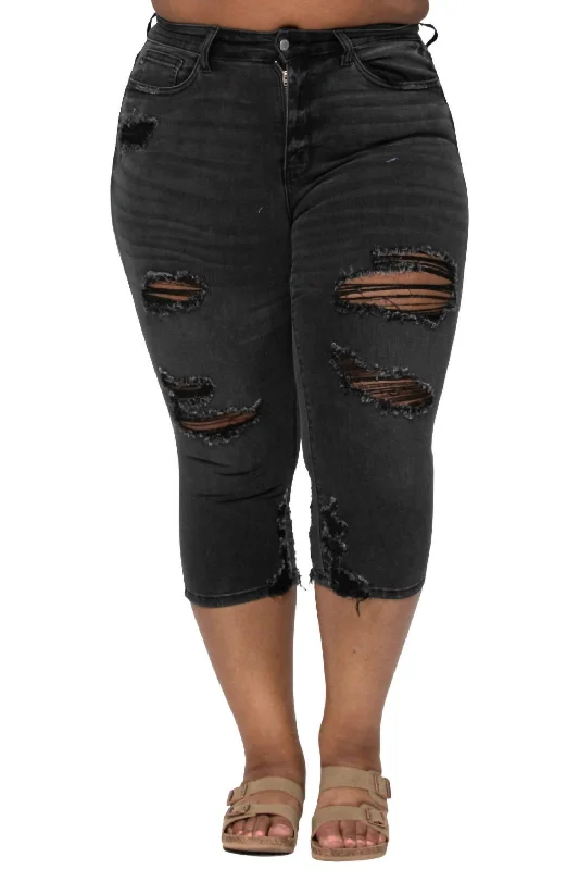 High-quality fabrics Soft pleated pants Destroyed Skinny Capri In Black