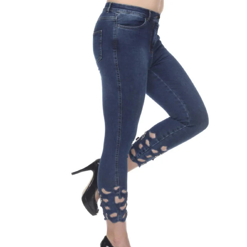 Round neck design Tailored pleated pants Embellished Cut Out Jeans In Blue