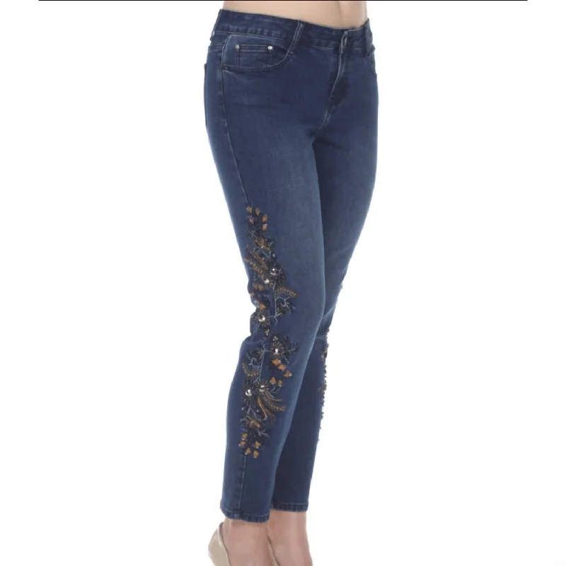 Extra long version Denim bell-bottom pants Embellished Jeans In Blue/brown