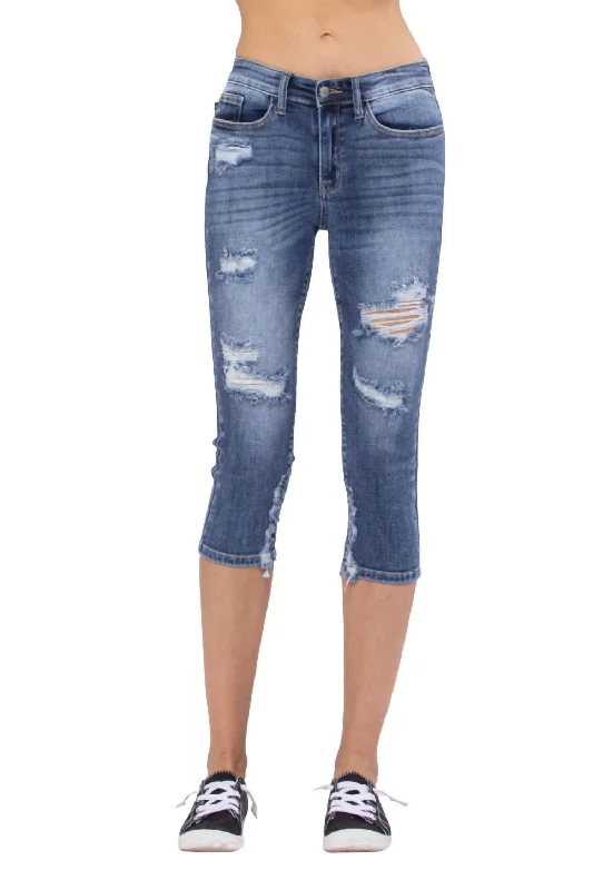 Letter embroidery Sporty wide-leg pants Heavy Sanded Mid-Rise Destroyed Skinny Capri In Medium Wash Letter embroidery Sporty wide-leg pants Heavy Sanded Mid-Rise Destroyed Skinny Capri In Medium Wash