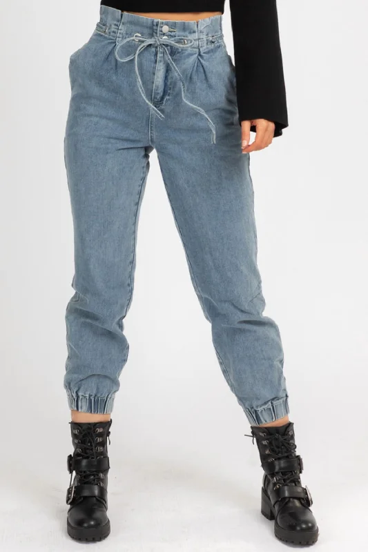 Fresh And Simple Relaxed harem pants High Rise Denim Paperbag Joggers In Blue