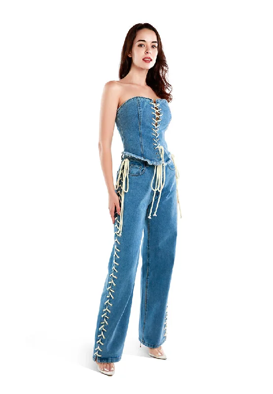 Sports Fitness Wear Low-rise pants for women lace up denim trousers
