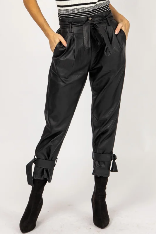 Classic Series Leather Pleated Ankle Tie Pants In Black