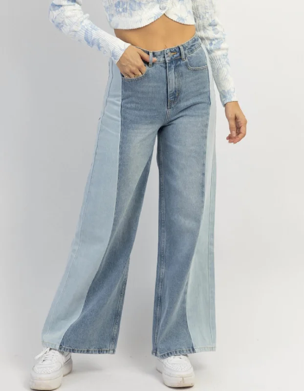 Multi-functional style Soft corduroy pants Lilana Colorblock Wide Leg Jean In Blue