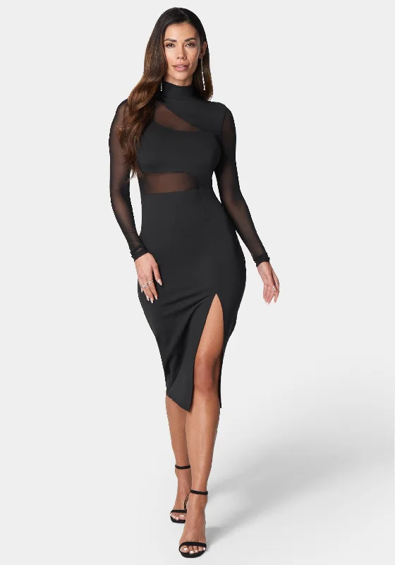 Letter embroidery Mesh Inset Long Sleeve Midi Dress