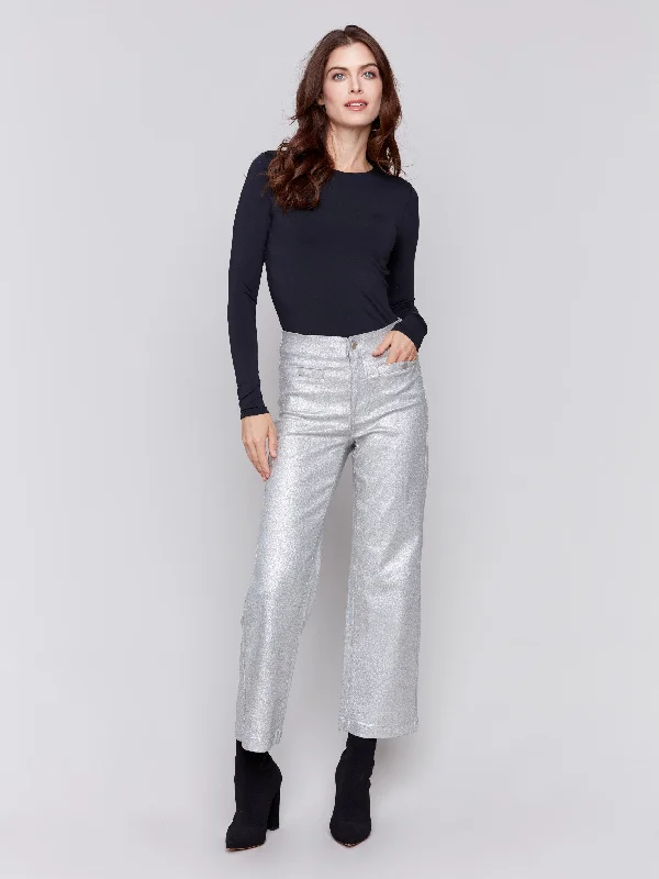 Trendy Traveler Casual slacks for women Metallic Wax Flared Pants - Silver