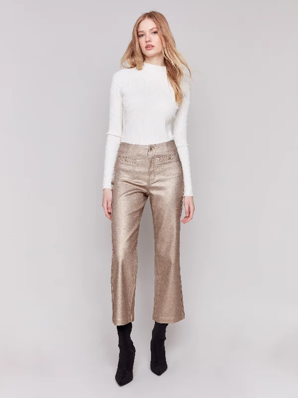 Ultra-lightweight Athletic-fit pants for women Metallic Wax Flared Pants - Bronze