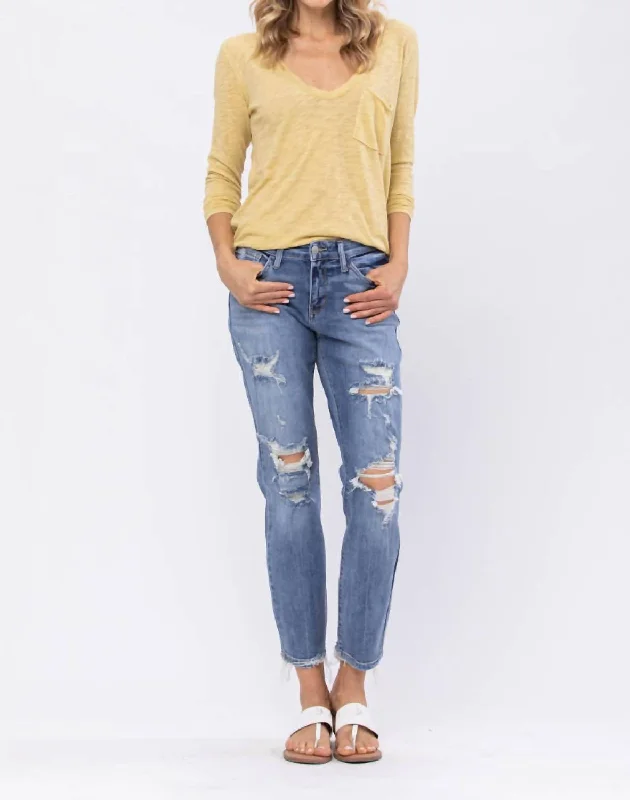 Advanced Customization Women’s cuffed pants Mid Rise Destroyed Boyfriend Jean In Blue Advanced Customization Women’s cuffed pants Mid Rise Destroyed Boyfriend Jean In Blue