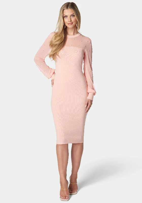 Skirt style Pearl Mesh Midi Sweater Dress