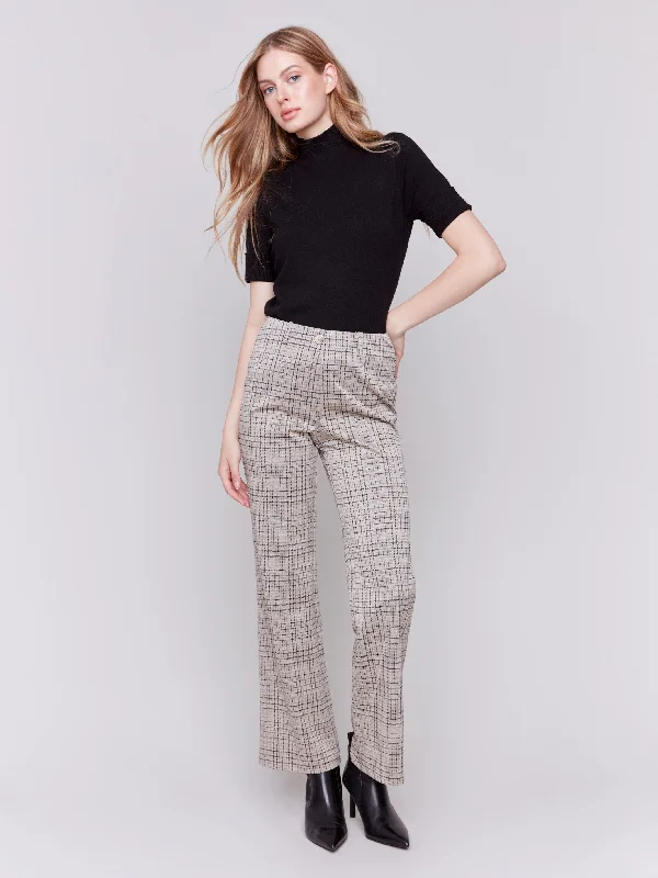 Affordable selection Stretch pants for work Plaid Ponte Pull-On Flare Pants - Almond Affordable selection Stretch pants for work Plaid Ponte Pull-On Flare Pants - Almond
