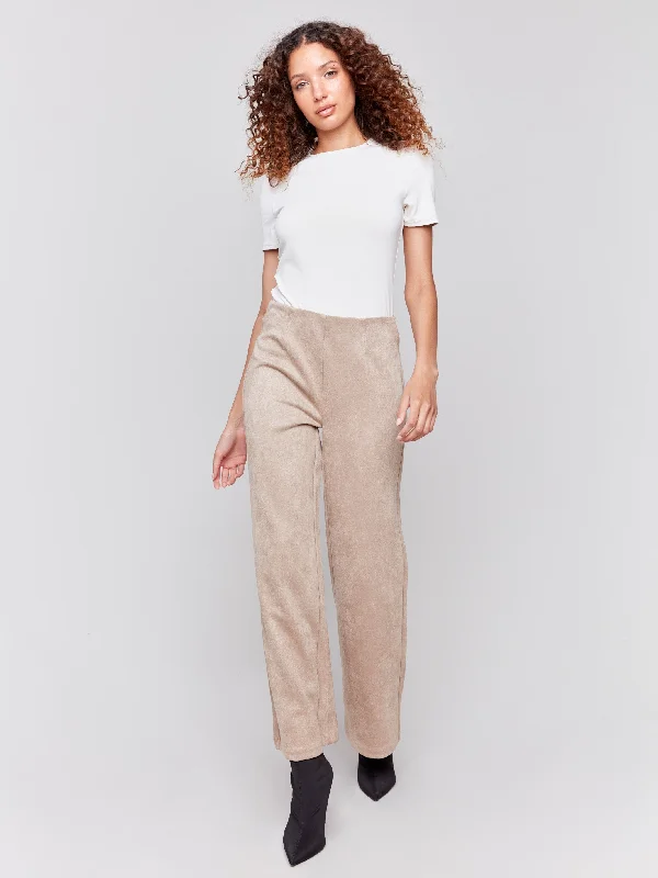 Elegant Style Black pleated trousers Pull-On Faux Suede Flare Pants - Natural