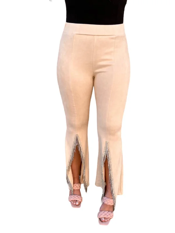 Boutique display Sadie Rhinestone Fringe Hem Suede Bellbottoms In Beige