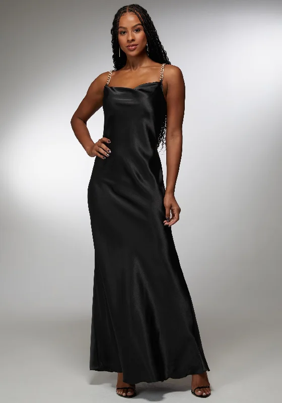 Energetic Satin Maxi With Gold Chain Straps