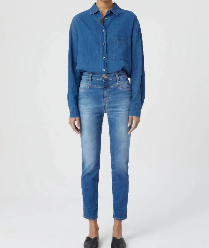 Sports High Waist Style Comfortable denim pants Skinny Pusher Jeans In Mid Blue
