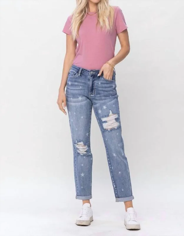Knitted Design Stretch-fit dress pants Star Crossed Boyfriend Jean In Blue