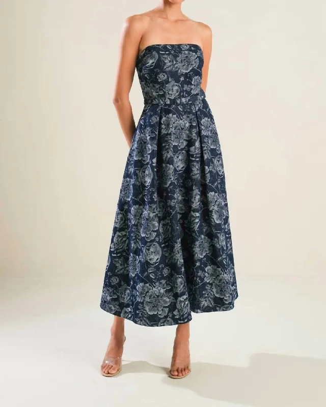 Street Personality Style Strapless Jacquard Midi Dress In Denim