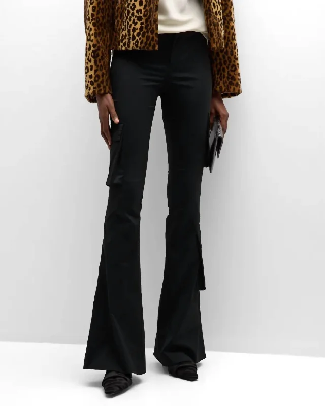 Elegant Style Stretch Taffeta Flared Cargo Pants In Black