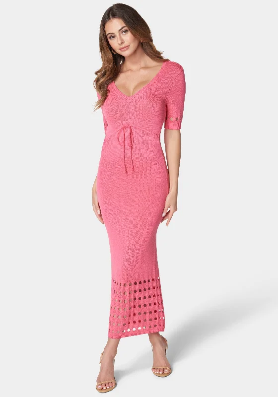 Celebrity Style Tie Front Cutout Crochet Midi Dress