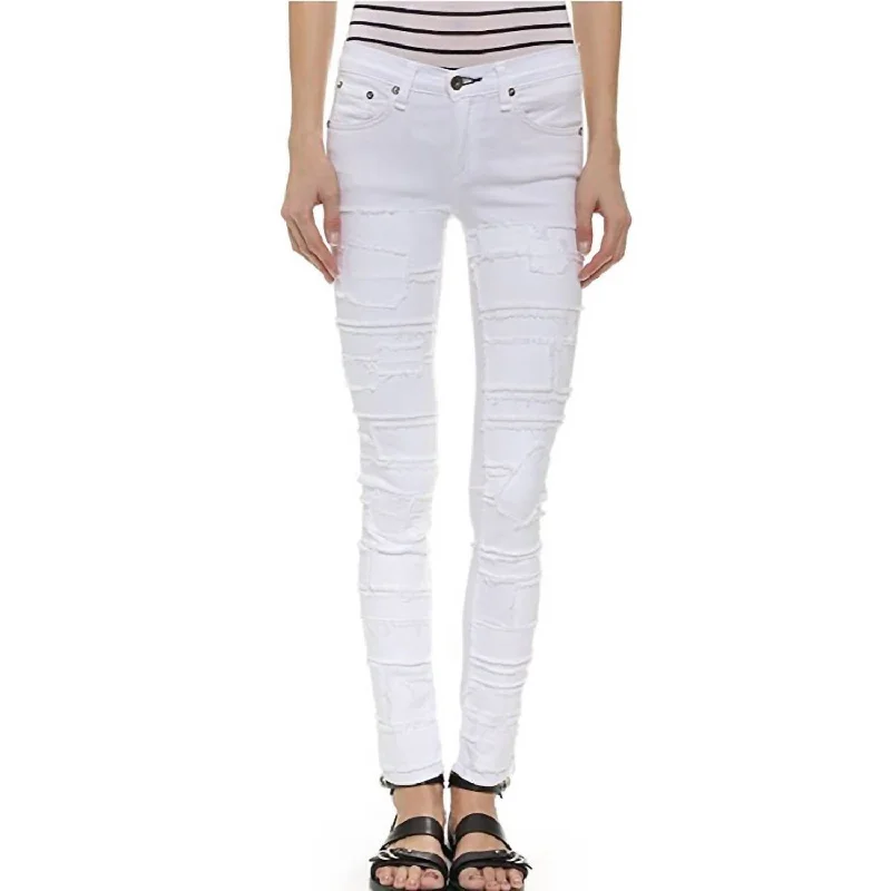 Street Show-off Style Plaid print trousers Torn Skinny Jean In White