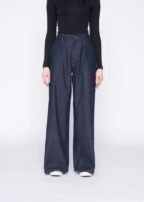 Ultra-lightweight Paperbag jeans Wide Leg Trouser - Slub Nep Rinsed Denim