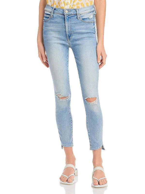 Sports And Leisure Casual checkered pants Womens Distressed Frayed-Hem Ankle Jeans