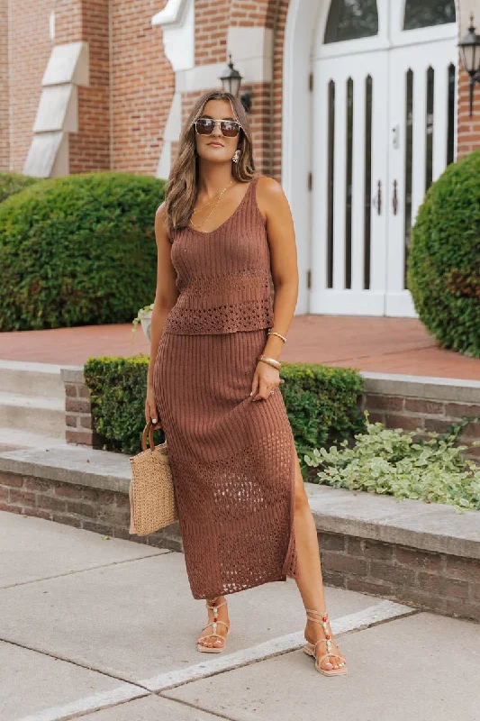 Cool Breeze At Night Chambray skirt Brown Crochet Sweater Midi Skirt - FINAL SALE