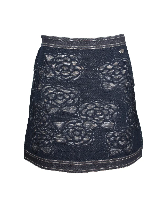 Elegant Style Tropical floral skirt Chanel Floral Motif Denim Mini Skirt in Navy Blue Cotton Elegant Style Tropical floral skirt Chanel Floral Motif Denim Mini Skirt in Navy Blue Cotton