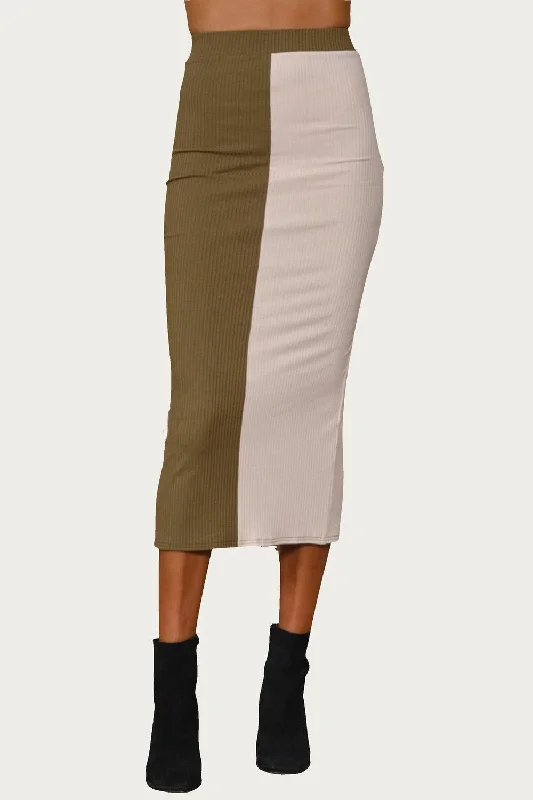 Literary Style Belted wool skirt Colorblocked Ribbed-Knit Midi Skirt In Olive Ecru