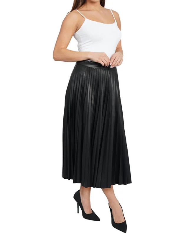 Design sense Herringbone skirt Faux Leather Pleated Midi Skirt In Black