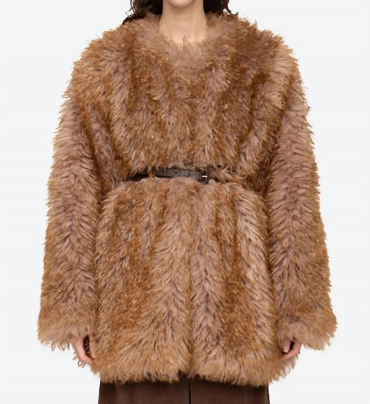 Sports Fitness Wear Plaid Tweed Coat Fifi Faux Fur Jacket In Camel