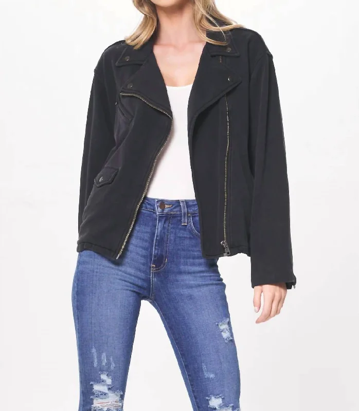 Retro Lace Fabric Fitted Blazer Jacket Garment Dye Moto Jacket In Black