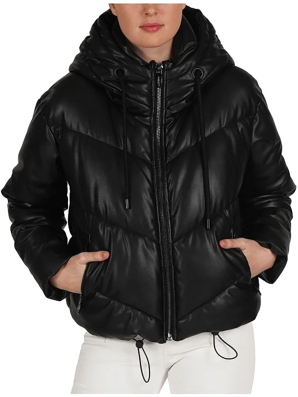 Beautiful Romance Color-blocked Jacket Leo Womens Faux Leather Short Puffer Jacket Beautiful Romance Color-blocked Jacket Leo Womens Faux Leather Short Puffer Jacket