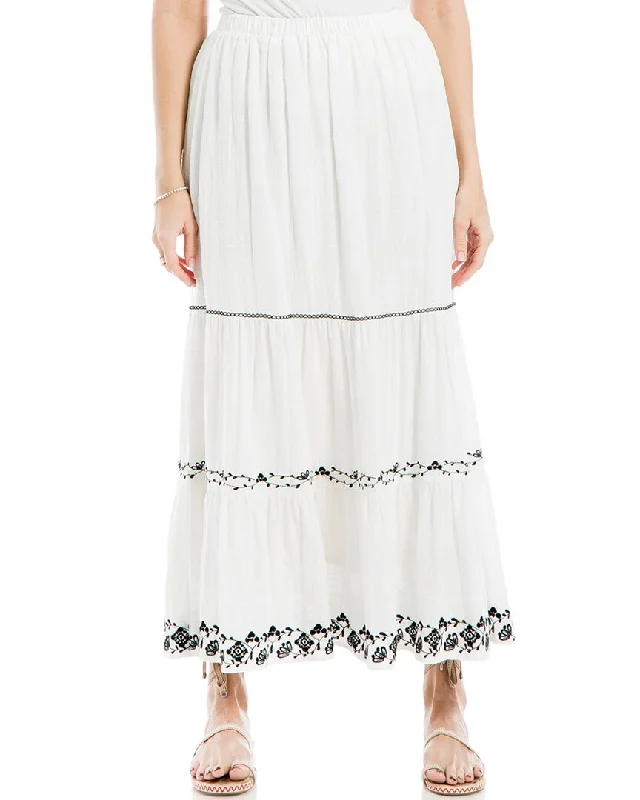Leisure Travel Metallic pleated skirt Max Studio Smocked Waist Embroidered Maxi Skirt