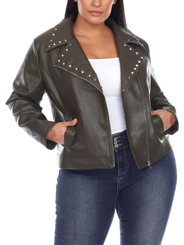 High-end atmosphere Color-blocked Jacket Plus Womens Faux Leather Studded Motorcycle Jacket