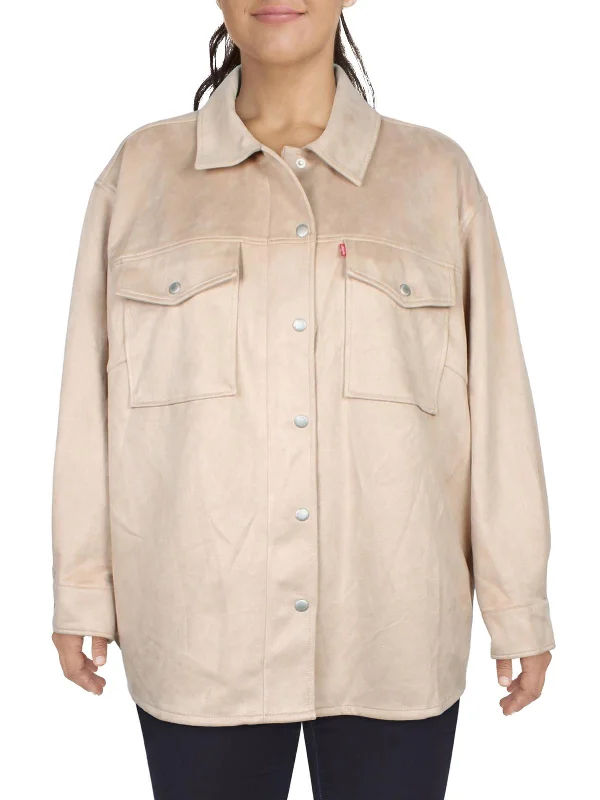 Single-shoulder Neck Design Padded Winter Coat Plus Womens Faux Suede Collared Shirt Jacket