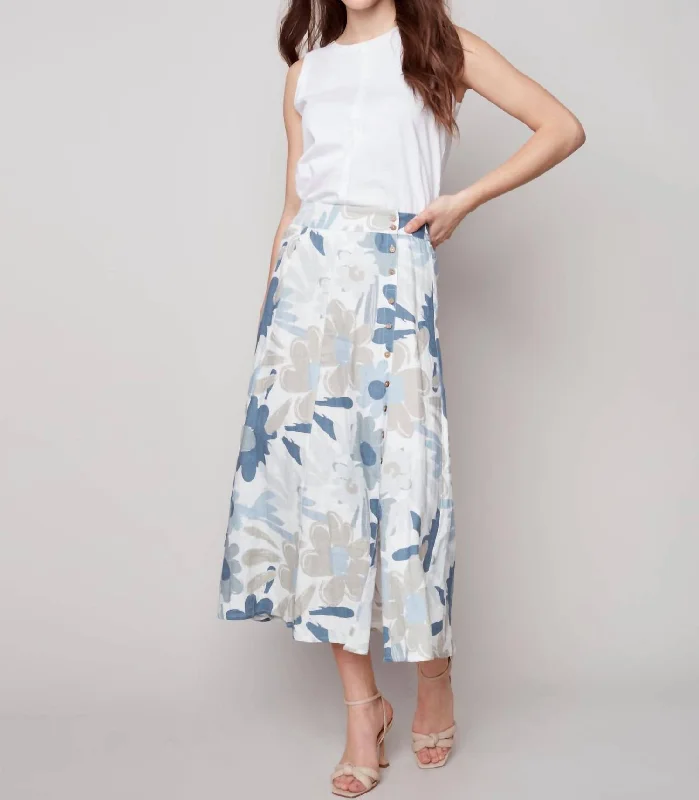 Stand-up collar design Wide waistband skirt Printed Linen Long Skirt In Basil