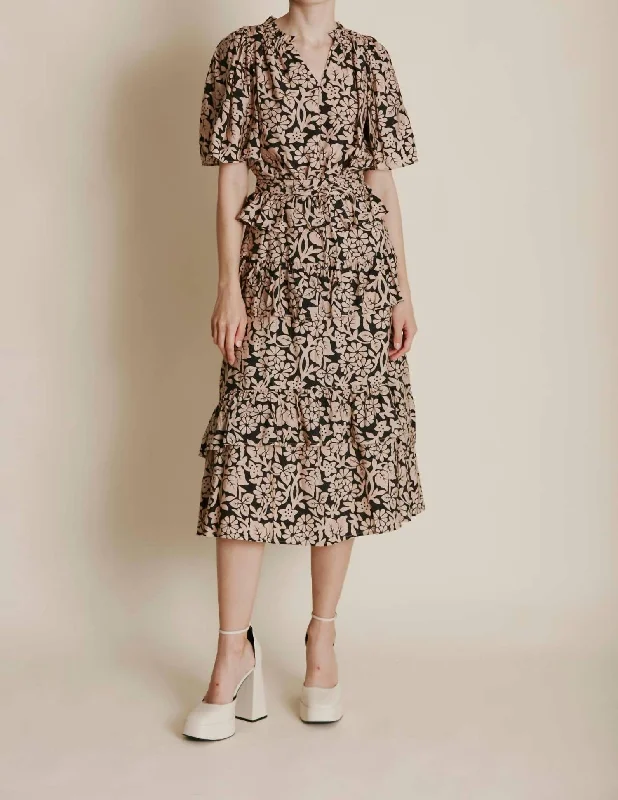 Retro Style Textured pencil skirt Printed Tiered Midi Skirt In Black