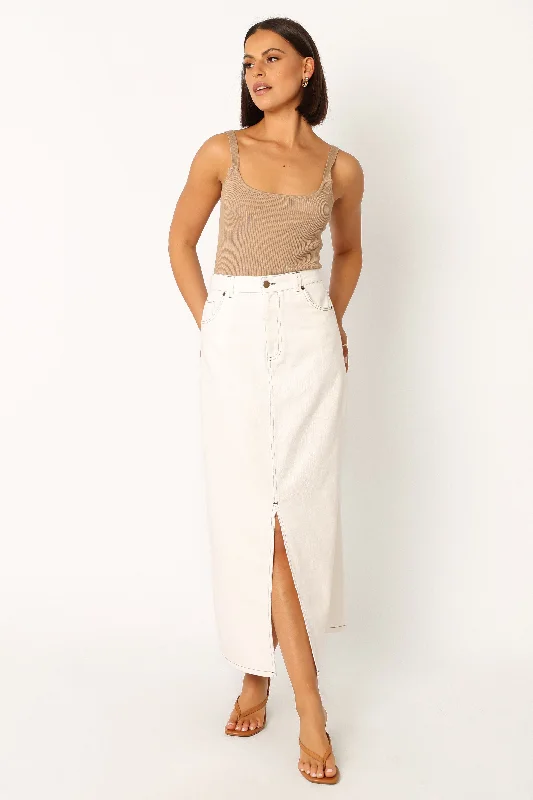 Street Style Suit Stretch pleated skirt Rana Denim Midi Skirt - White