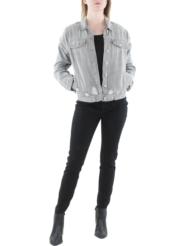 Elegant Style Sporty Zip-up Jacket Reagan Womens Faded Destroyed Jean Jacket