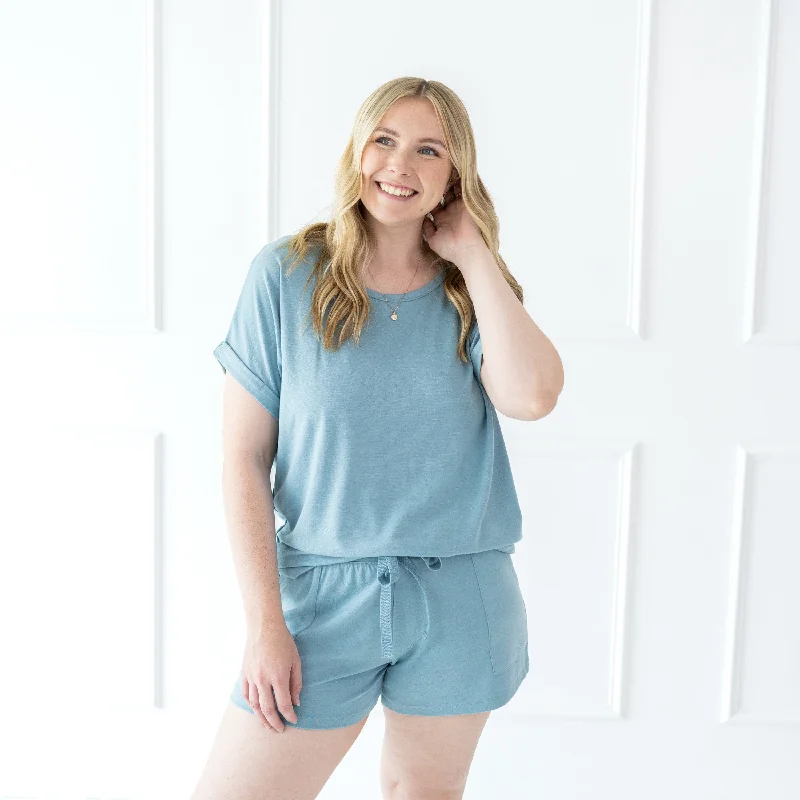 Street Style Casual wrap pencil skirt Women's Bamboo Jersey Shorts in Dusty Blue