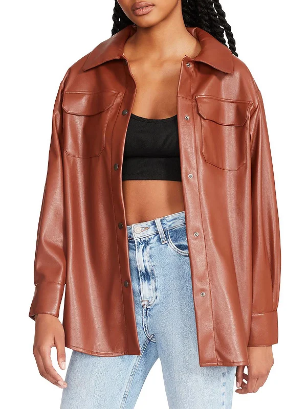 Street Style Suit Tech-fabric Jacket Womens Faux Leather Snap Front Shirt Jacket