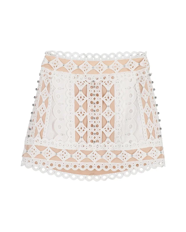 Personality Publicity Tartan skirt Zimmermann Moncur Studded Broderie Mini Skirt in White Cotton