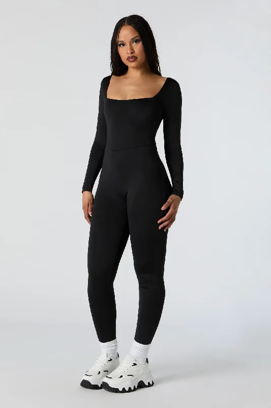 Sports And Leisure Tight-fit leggings Contour Square Neck Long Sleeve Jumpsuit